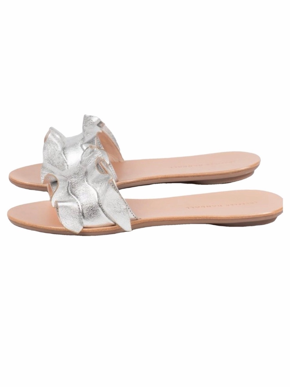 Loeffler Randall Birdie Metallic Silver Leather Ruffle Flat Slide Sandals